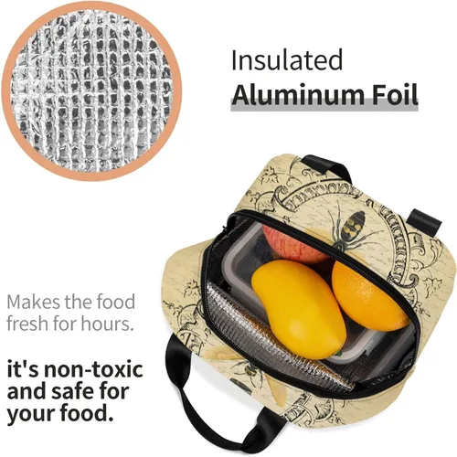 Vista 6 de Bolsa de almuerzo de abeja vintage con aislamiento resistente al agua, lonchera reutilizable para viajes de picnic