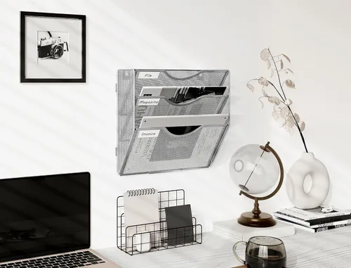 Vista 6 de EasyPAG Organizador de archivos de pared con 3 bolsillos de malla para colgar en la pared, carpeta de documentos, archivador, revistero con etiqueta