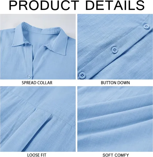 Vista 5 de Camisas de manga corta con botones para mujer, blusas de algodón y lino, cuello en V, camisa básica de trabajo