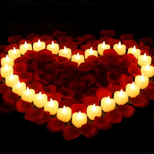 Vista 7 de Honoson - 1000 pétalos de rosa con 24 corazones LED, color blanco y azul Diseño seguro sin llama, pétalos de seda, para aniversario de boda
