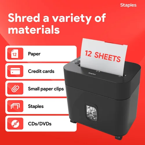 Vista 2 de Staples Trituradora de papel microcortada de 12 hojas, compacta, de alta
