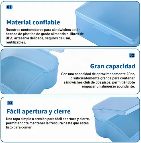 Vista 3 de Abnaok 4 recipientes de sándwich de 20 onzas para loncheras, caja de sándwich con forma de tostada, caja de sándwich con tapa, soporte para sándwich
