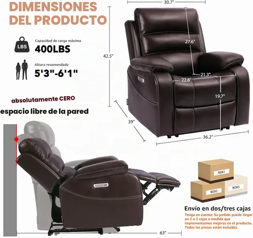 Vista 3 de EONIX - Silla reclinable eléctrica de doble motor, cero espacio libre Marrón oscuro