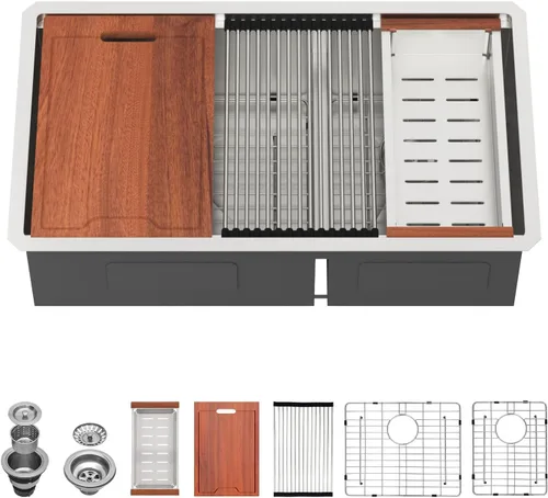 Vista 27 de Lordear Fregadero de cocina de 28 pulgadas de acero inoxidable de calibre 16 con doble plato y estación de trabajo de montaje inferior de 60/40