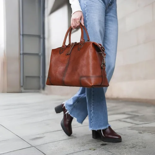 Vista 3 de HESHE Bolso de mano de cuero genuino para mujer, bolso de cuero de gran capacidad, bolso de mano con asa superior, bolso de médico vintage