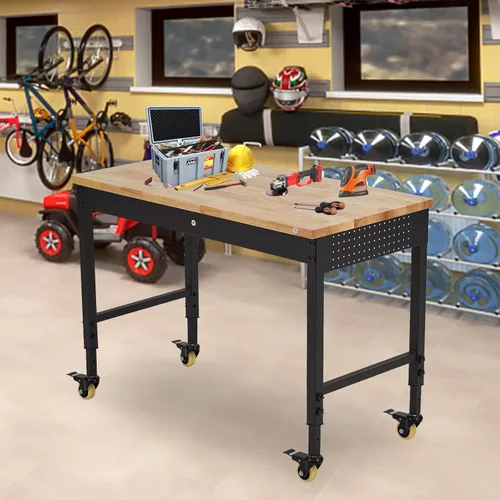 Vista 7 de Banco de trabajo de altura ajustable, mesa de trabajo de 60 x 22 pulgadas, parte superior de madera de goma resistente, capacidad de 2000 libras