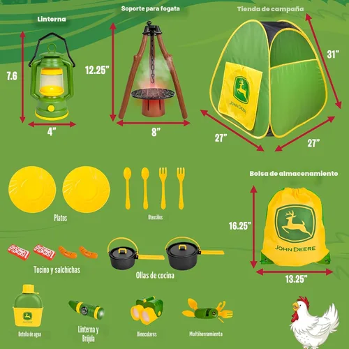 Vista 2 de John Deere Tienda de campaña emergente, juego de 18 piezas que incluye cantimplora, platos, utensilios, comida de juguete, ollas, binoculares