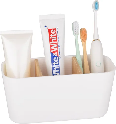 Vista 11 de Portacepillos de dientes para baños, soporte para cepillos de dientes de bambú con 5 ranuras, organizador de tocador de baño para encimera
