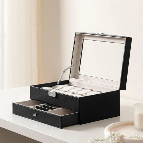 Vista 2 de Oyydecor Caja de reloj con 12 ranuras para relojes, organizador de joyas con cajón de joyas para almacenamiento y exhibición con cerradura (beige)