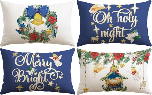 Vista 18 de Artscope Juego de 4 fundas de almohada de Navidad Oh Holy Night Merry Bright Corona de Jesús de 16 x 16 pulgadas, fundas de almohada para decoración