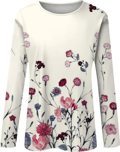 Vista 4 de Camisas para mujer, blusa casual de manga larga con estampado de cuello redondo
