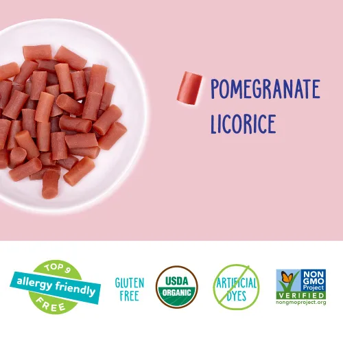 Vista 4 de YumEarth Paquetes de bocadillos orgánicos de regaliz de granada sin gluten, aptos para alérgicos, sin gluten, sin OMG, veganos, sin tintes