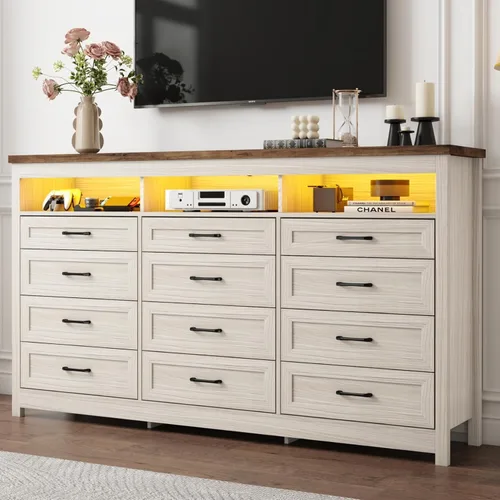 Vista 10 de Hlivelood Cómoda de granja de 9 cajones con luces LED, cómoda grande de 160 cm de ancho para dormitorio, cómoda de madera moderna con organizador