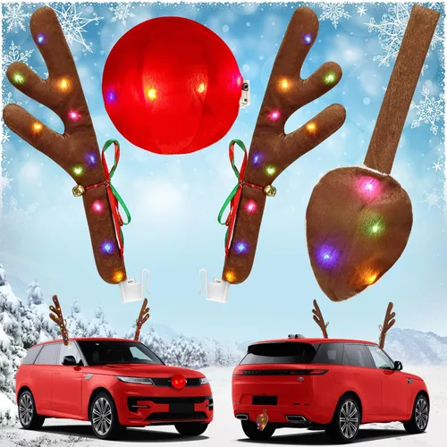 Vista 8 de Encantador adorno navideño para coche de Angooni, kit festivo de reno para coche, cuernos de reno y nariz, luces navideñas, bonito regalo