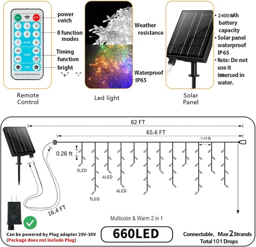 Vista 2 de Luces Solares de Carámbanos para Exteriores Impermeables - 82 Pies 660 Luces LED de Carámbanos de Navidad para Exteriores con Control Remoto, Blanco