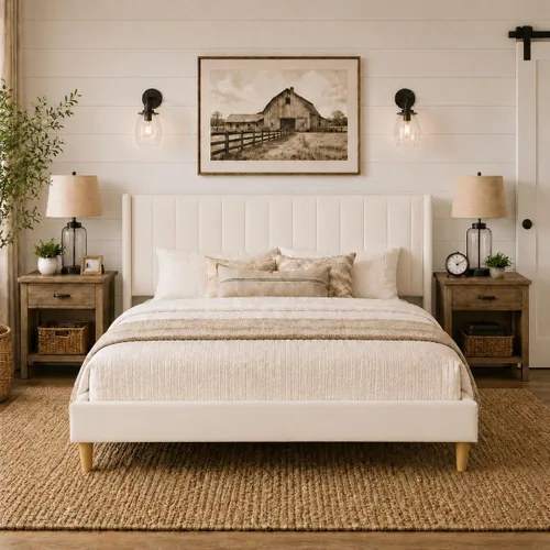 Vista 8 de Upholstered Bed Frame with Wingback Headboard and Wood Slats (Beige-Linen, Twin)