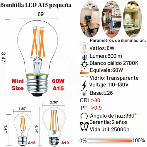 Vista 4 de LiteHistory Bombilla LED E26 equivalente a 6 W, 60 W, no regulable, bombilla LED Edison A15 para ventilador de techo, apliques de pared, nevera