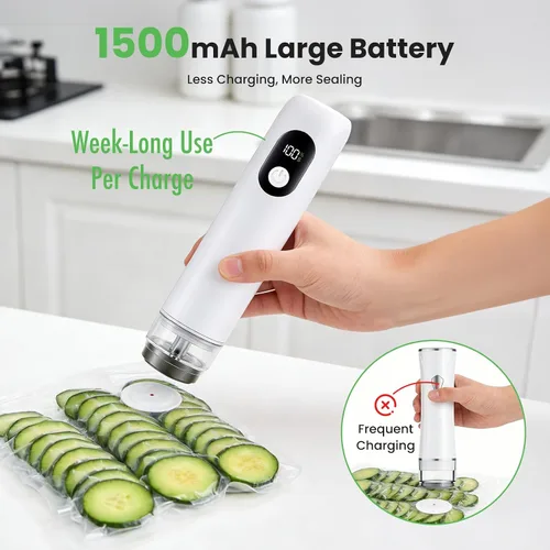 Vista 3 de Sellador al vacío portátil de mano, máquina selladora al vacío de alimentos inalámbrica para el hogar y viajes, 1500 mAh 60 kPa sellador al vacío