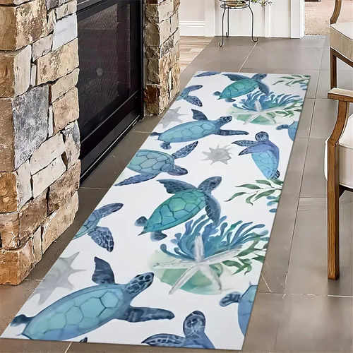 Vista 8 de Alfombra de pasillo larga con diseño de tortuga de acuarela, 2 x 6 pies, alfombra de camino de tortuga azul agua de mar para pasillos, alfombra