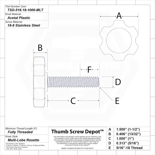 Vista 2 de Tornillo de pulgar de acero inoxidable de 5/16"-18 x 1" - Pomo de plástico roseta de múltiples lóbulos negro - Tornillo de rosca estándar/gruesa