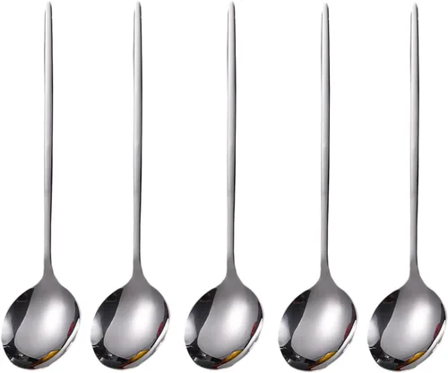 Vista 7 de 5 cucharas de sopa de acero inoxidable 304 de 8 pulgadas, con acabado de espejo grueso, cucharas coreanas de acero inoxidable, cucharadas de metal