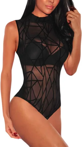 Vista 7 de Lrady Women's Short Sleeve Bodysuit Mesh Sheer Going Out Tops K#1 Negro