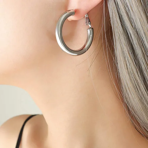 Vista 3 de Gold Chunky Hoop Earrings For Women Girls Stainless Steel Tube Hoop Earrings 14k Gold Plated Thick Hoop Earrings