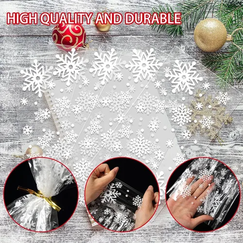 Vista 3 de Resholder 100 bolsas de celofán transparentes de Navidad de 11.0 x 5.1 in, bolsas de almacenamiento con parte inferior de bloque, con 100 lazos