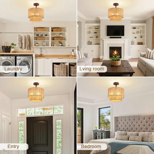 Vista 8 de 12.6" Boho Light Fixtures Ceiling Mount, Coastal Hemp Rope Semi Flush Mount Ceiling Light,3-Light Rustic Rattan Ceiling Light With 2-Tier Drum Shade