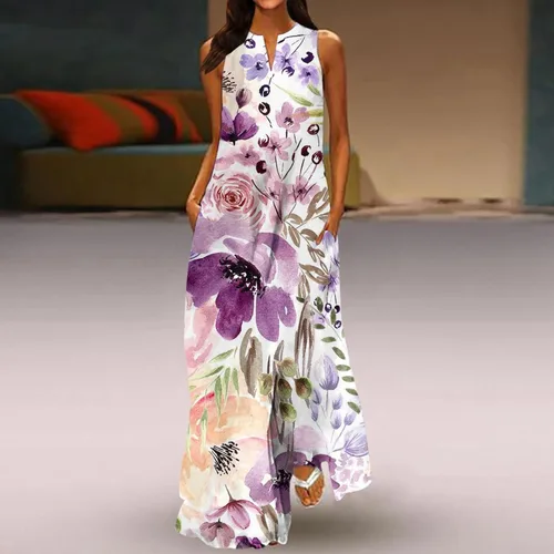 Vista 3 de TREBIN Vestido largo sin mangas con cuello en V y estampado clásico para mujer