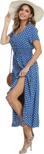 Vista 2 de Vestido largo bohemio de manga corta con cuello en V para mujer, con cintura elástica