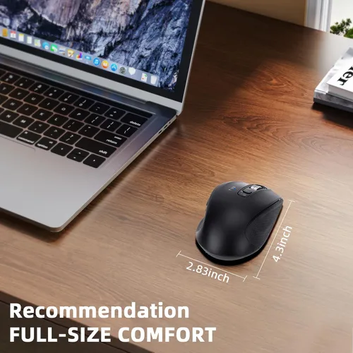 Vista 6 de Mouse inalámbrico Bluetooth con USB-A, receptor USB-C, recargable, 3 dispositivos, tamaño completo, clic silencioso, mouse ergonómico para Negro