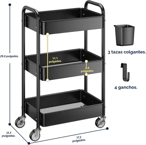 Vista 6 de YASONIC Carrito Rodante de 3 Niveles - Carrito Utilitario de Metal con Ruedas, Tazas Colgantes, Ganchos, Organizador de Almacenamiento de Malla