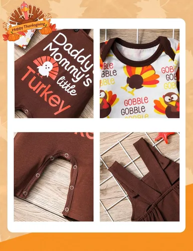 Vista 5 de My First Thanksgiving - Conjunto de 2 piezas para bebé, traje de pavo y overol con tirantes