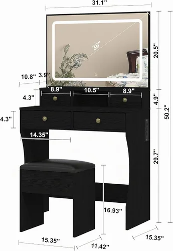 Vista 6 de Panana Juego de escritorio de tocador con espejo iluminado LED ajustable, tocador de maquillaje para niñas con taburete y 4 cajones