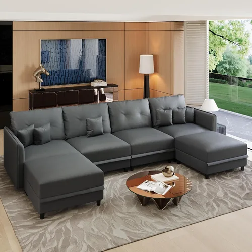 Vista 25 de LLappuil Sofá cama modular en forma de U de 6 plazas con almacenamiento, asiento profundo de piel sintética para sala de estar, impermeable y Negro