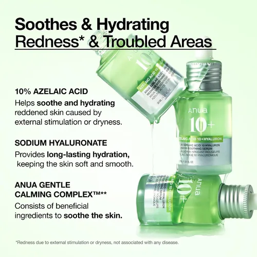 Vista 4 de Anua Suero Facial de Ácido Azelaico 10% Hialurónico en Rojo Tranquilizante, Suero Facial para Piel Sensible y Problemática, Brotes, Ácido
