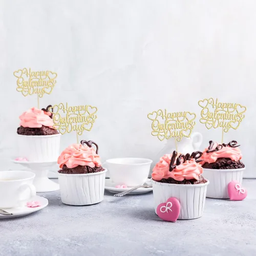 Vista 6 de 24 piezas de decoración de cupcakes con purpurina dorada para el día de San Valentín, temática de San Valentín, fiesta de cumpleaños, suministros