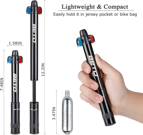 Vista 6 de Mini bomba de bicicleta con inflador de CO2 – Bomba de mano de modo dual/válvula de CO2 – Bomba de neumático de bicicleta portátil patentada