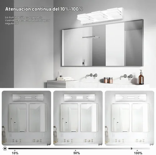 Vista 3 de 3 lámparas de baño regulables de temperatura de color para sobre espejo, lámparas de tocador LED cromadas de 3 luces, lámparas de tocador de baño