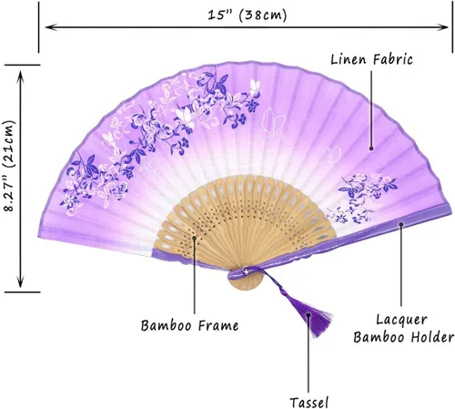 Vista 2 de OMyTea abanicos de mano de seda con marco de bambú para mujer de 8,27 pulgadas (21 cm), con estuche de tela protector para regalo, estampado