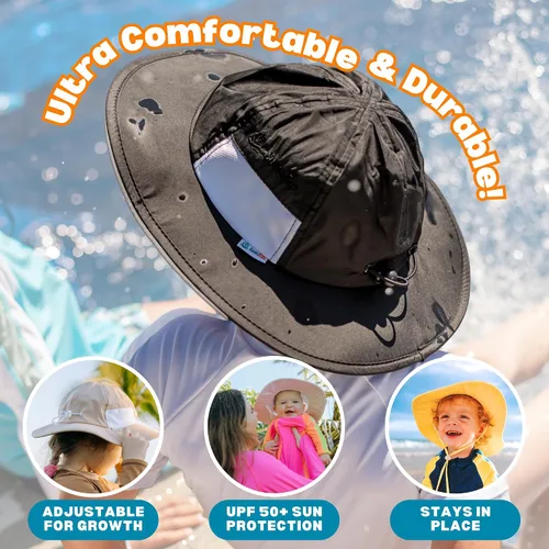Vista 6 de SwimZip, sombrero unisex para niños, ala ancha, protección solar FPS 50, ajustable.
