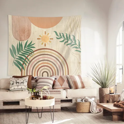 Vista 5 de SUOTEMEIFEI Tapiz de arte bohemio con plantas, tapiz retro con plantas, puesta de sol, paisaje, estético, abstracto, para pared, dormitorio, sala