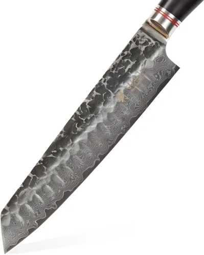 Vista 3 de Wakoli EBO - Cuchillo Kiritsuke para barbacoa, 7.9 pulgadas VG10 Damasco, mango de roble oscuro Damascus kitchen knife with an angled-tip blade