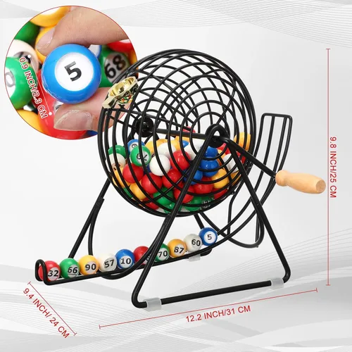 Vista 2 de Poen Juego de Lotería Bingo de 101 Piezas Incluye Jaula de 12 Pulgadas Números 1-100 Pelotas de Ventana de 0.9 Pulgadas Rifa para Noche