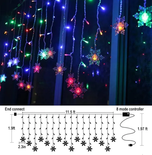 Vista 5 de Guirnalda de luces de copo de nieve de Navidad, 20 pies, 40 luces LED, funciona con pilas, impermeable, iluminación parpadeante, decoración