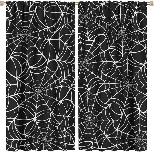 Vista 68 de Cortinas opacas de tela de araña aterradora para niños, tela de araña en blanco y negro, fondo rojo, dormitorio de niños, guardería, decoración