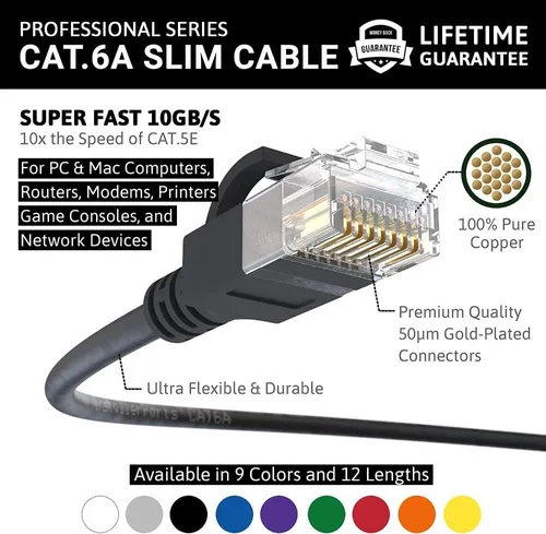 Vista 2 de Cable Ethernet CAT6A Slim Cable UTP Booted 0.5 pies - Negro - Serie profesional - 10Gigabit/Sec Network/Cable de Internet de alta velocidad, 550MHZ
