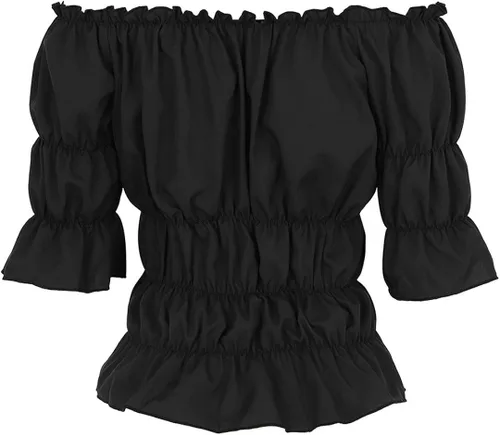 Vista 3 de Blusa renacentista para mujer, estilo victoriano, steampunk, pirata, hombros descubiertos, manga corta, blusa fruncida