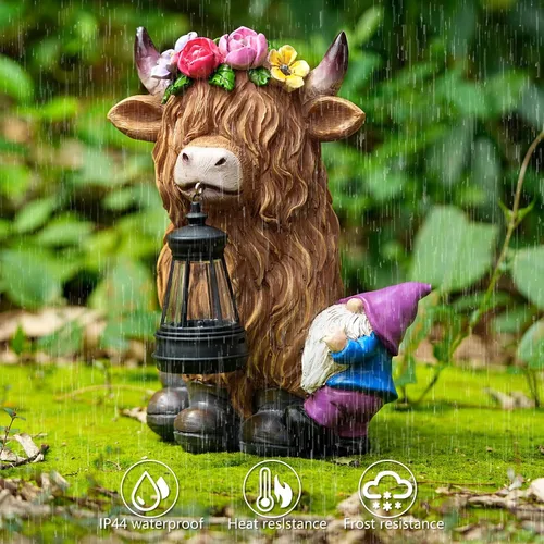 Vista 4 de TOLIMI - Farol de jardín con estatuas de resina de vaca de las tierras altas con gnomo, decoración de luz solar para exteriores, decoraciones